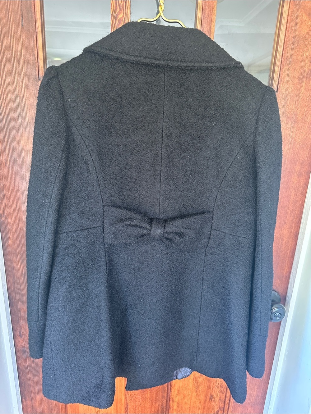 GUESS Black Boucle Wool Blend Double Breasted Pea Coat with Back Bow Size XL - Picture 4 of 11